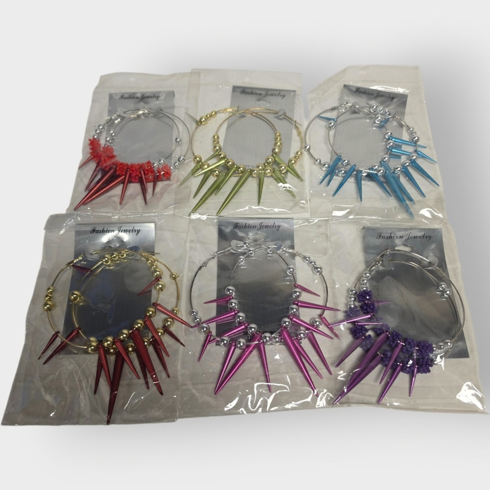 6 Pair Spike Hoop Earrings Lot Colorful Punk Beaded Fashion Jewelry New HUGE‎ 4"